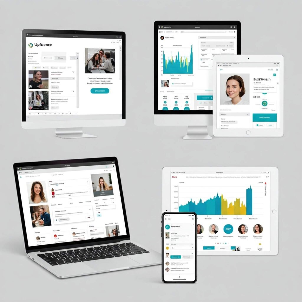 Collage of campaign management tool interfaces: Upfluence, Sprout Social, Grin, and BuzzStream.