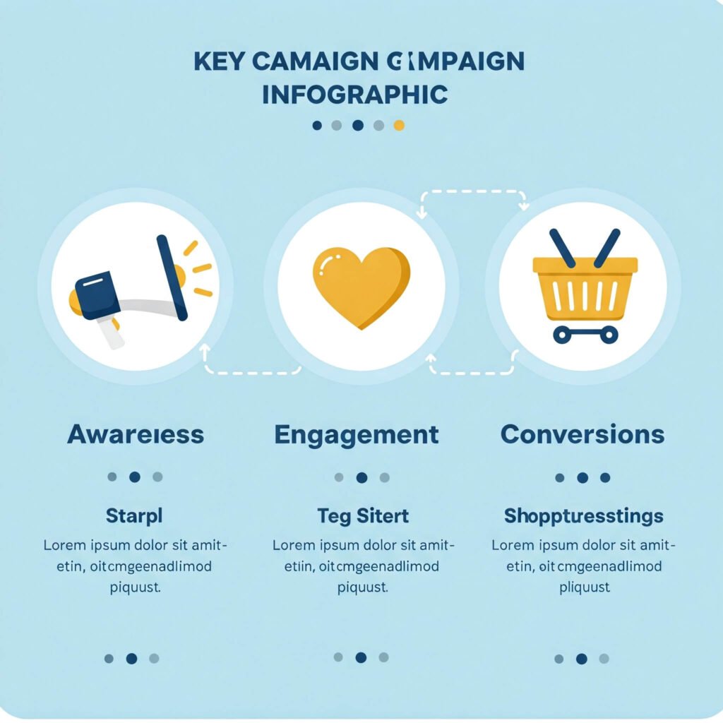Clean image illustrating campaign objectives with icons. Professional blue, white, and gold color scheme.