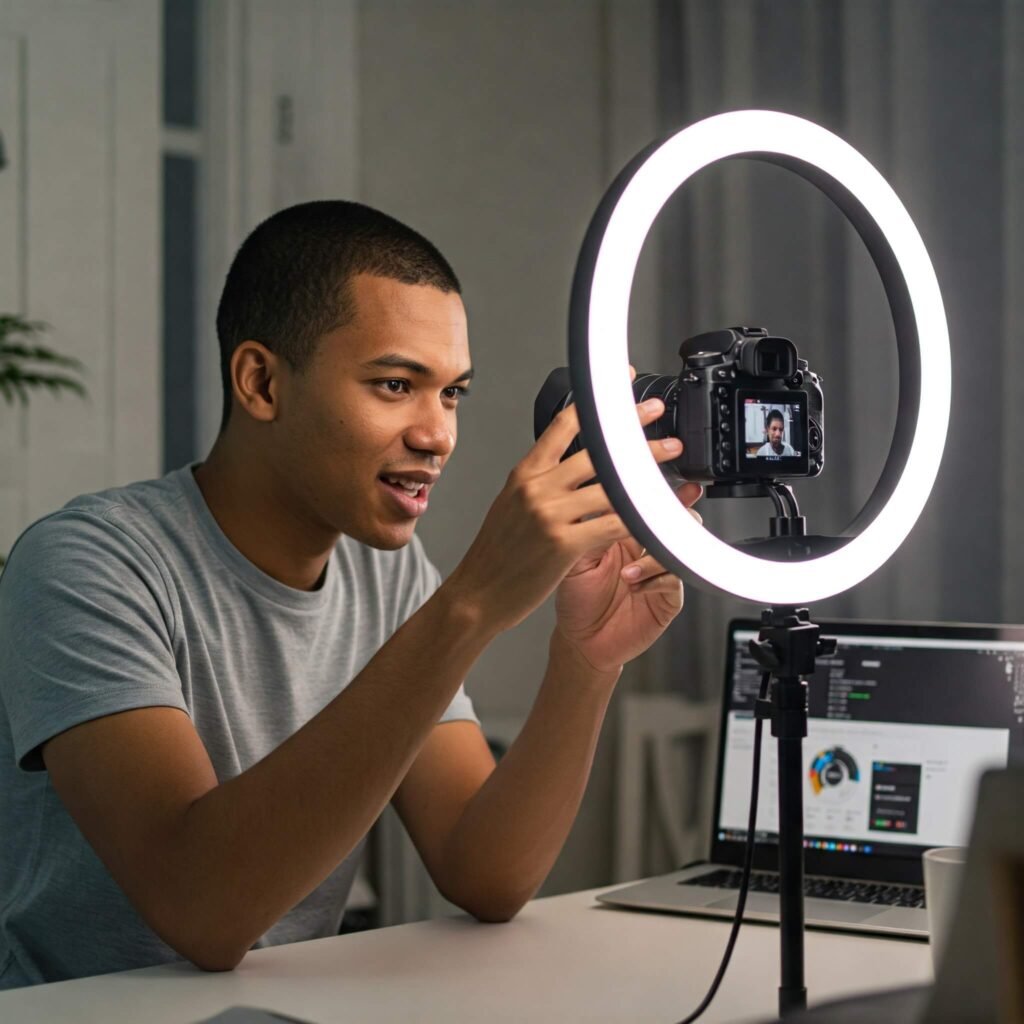 Content creator filming with ring light.