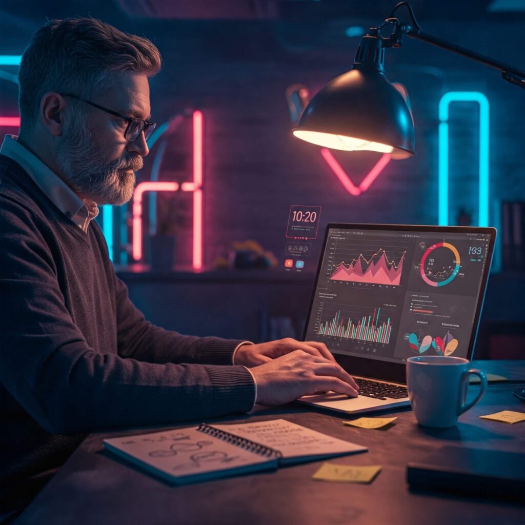 Marketer Analyzing Influencer Data: Charts on Laptop, Futuristic Neon Accents.