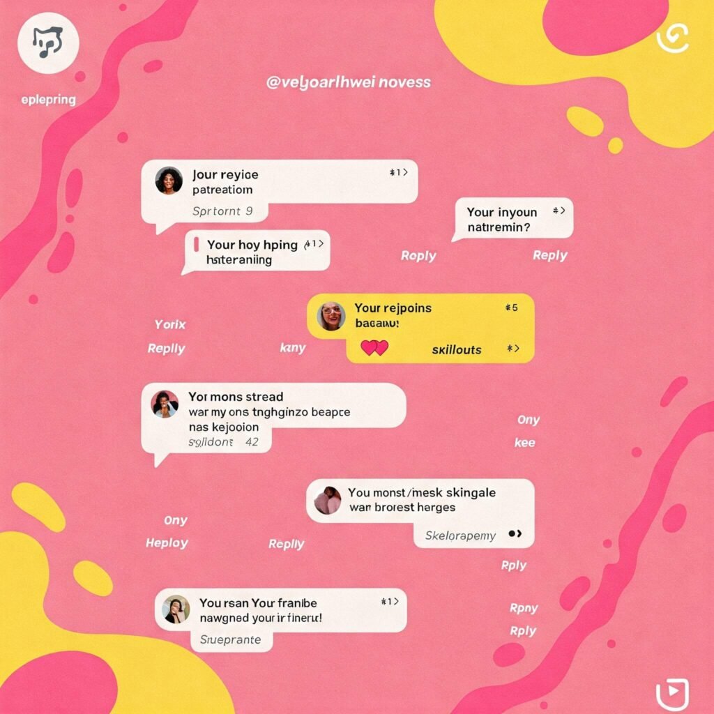 Lively social media interaction with brand responses and bright pink and yellow colors.