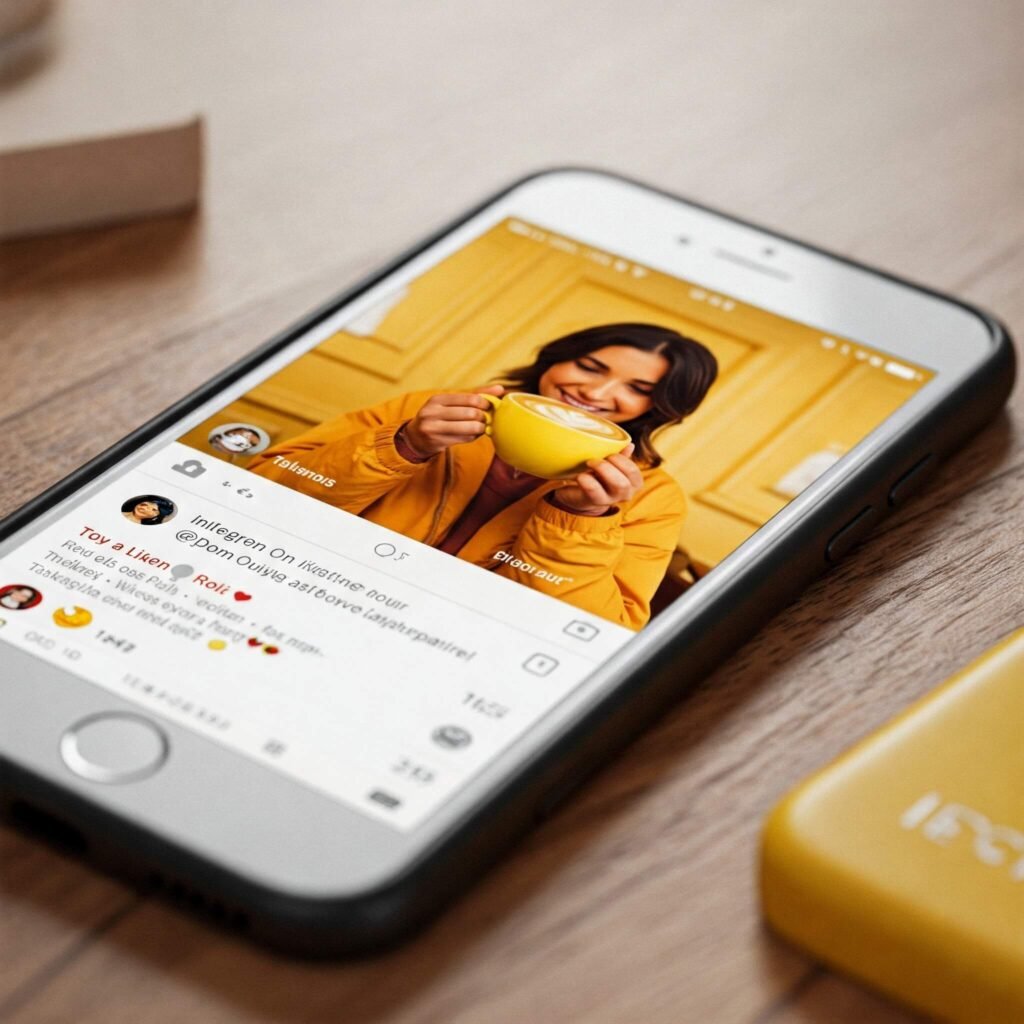 Close-up of a smartphone screen displaying an influencer's Instagram post with visible likes and comments, set in warm, natural lighting