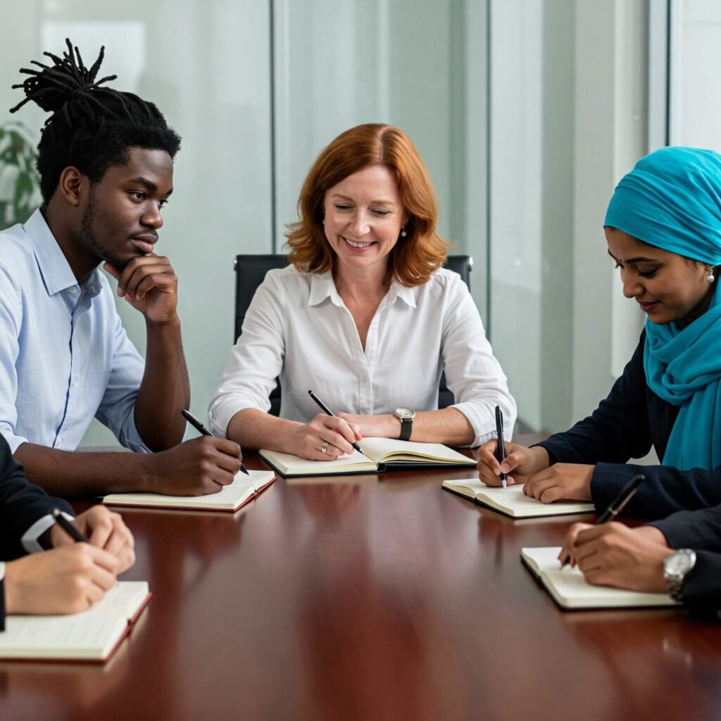 Diverse team collaborating around a conference table with notebooks, in earthy green and brown tones, highlighting a trustworthy partnership
