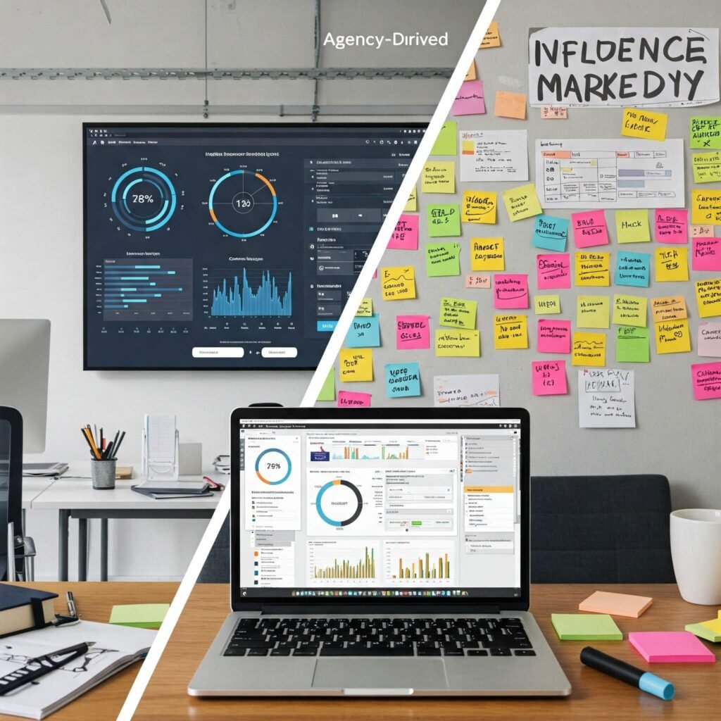 Split-screen comparing agency and DIY marketing setups