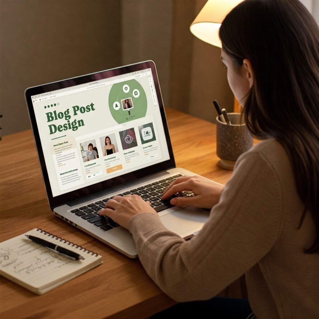 Blogger working on laptop with mock-up blog post and backlink, set in a creative workspace.