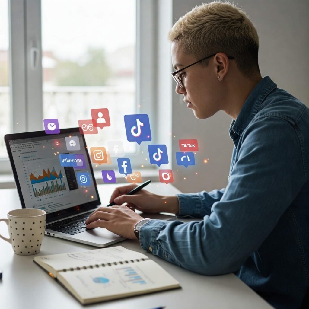 Marketer analyzing influencer data on a laptop