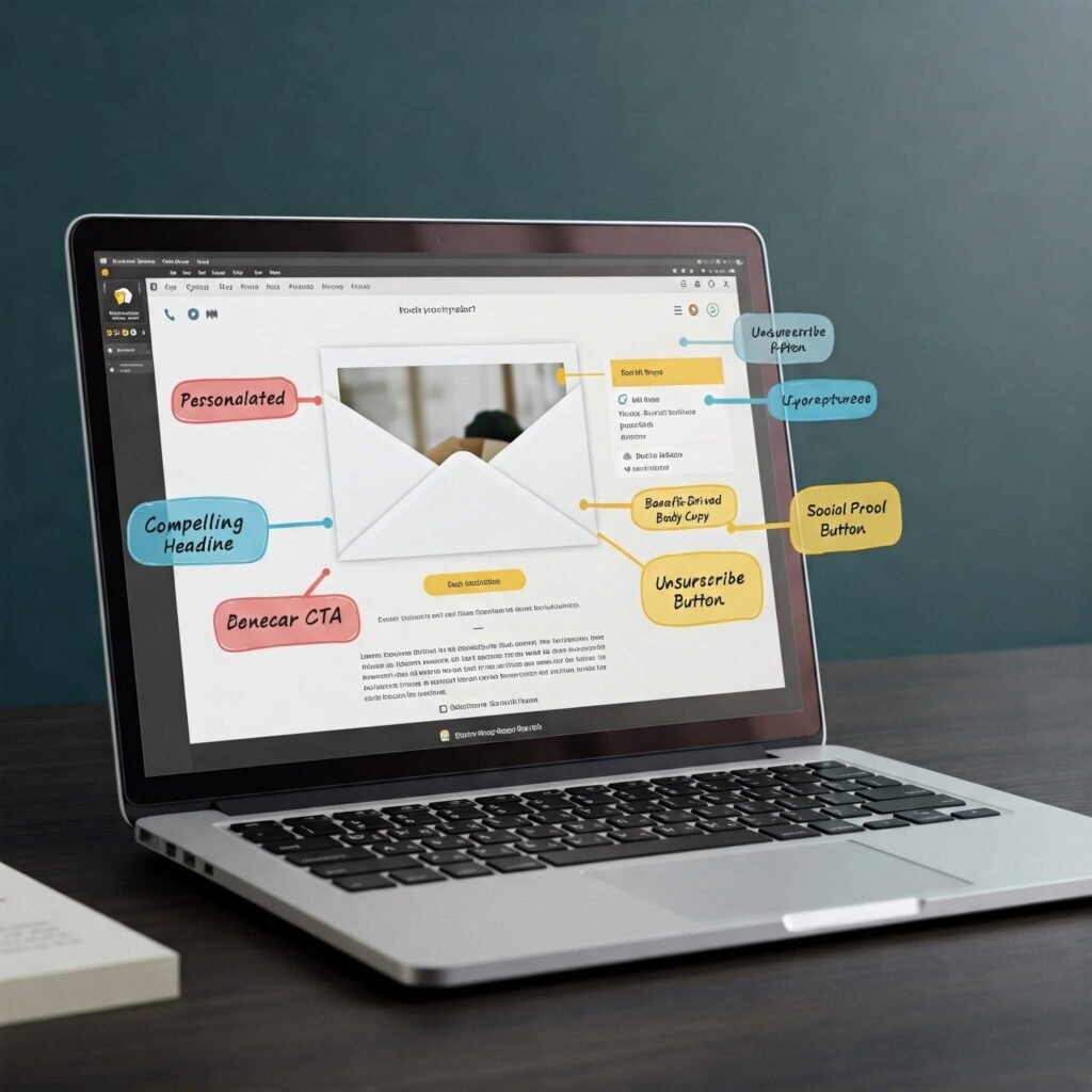 Stylized screenshot of an email pitch showing personalized greeting and clear CTA on a laptop or phone mockup