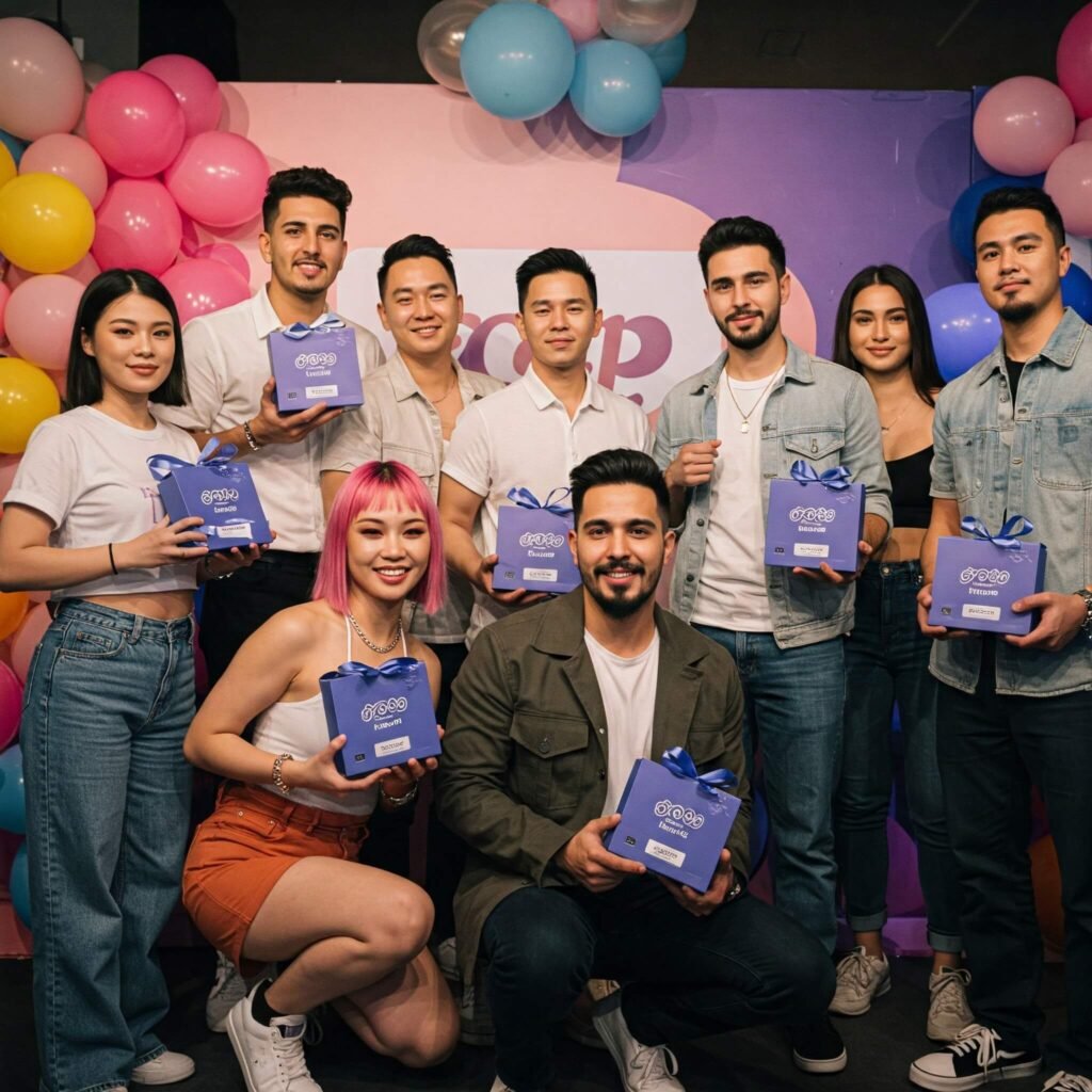 Influencers at a product launch event with gift boxes