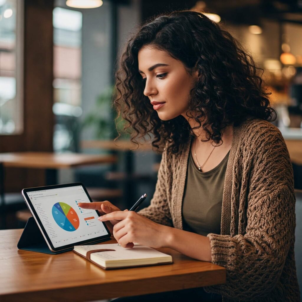Influencer reviews campaign analytics on tablet in coffee shop.