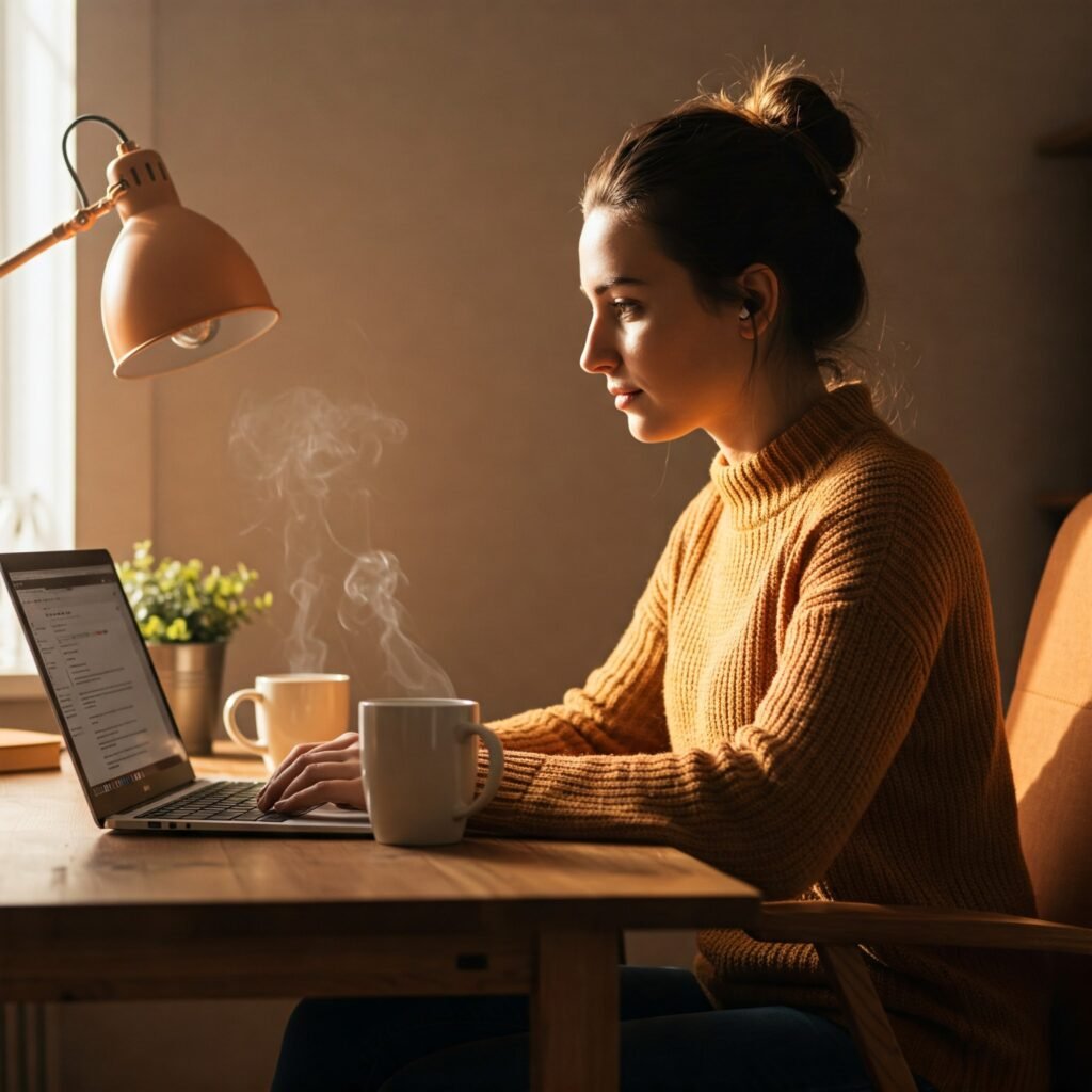 Cozy photo of marketer reviewing content on laptop