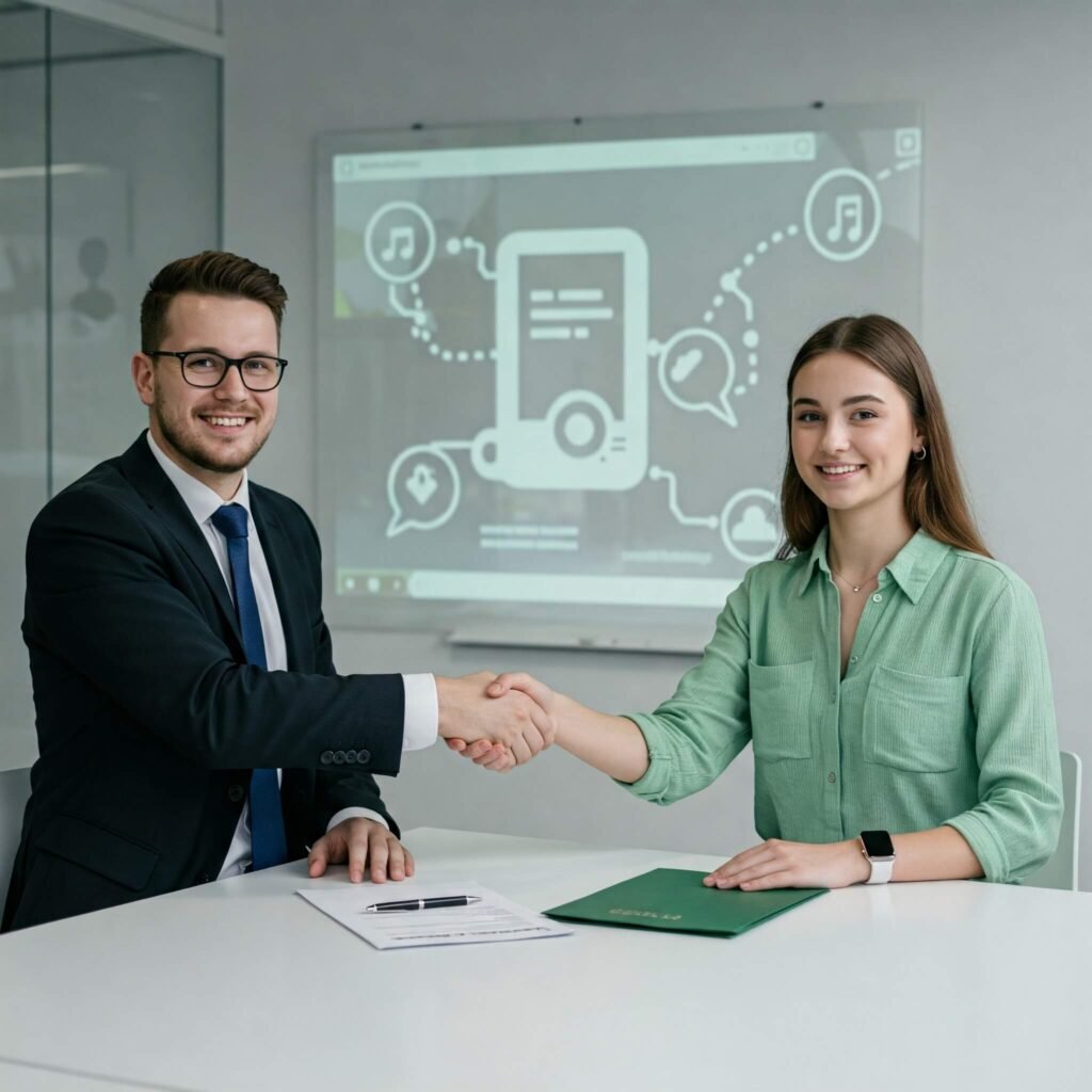 Handshake between a brand manager and influencer, with social media icons and contract. Green and white tones.