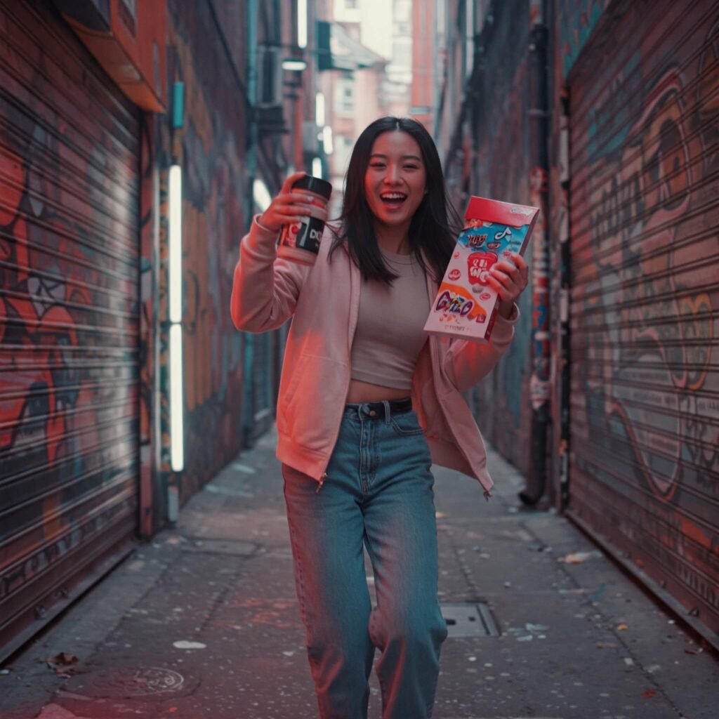 TikTok campaign featuring creator dancing with branded products in an urban setting.