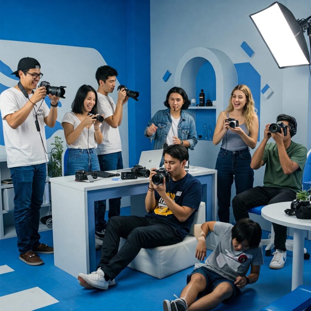 Influencer collaboration in a modern, creative workspace.