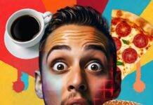 How to Become a Social Influencer and Monetize Your Passion Vibrant pop-art collage: wide-eyed man amid coffee, pizza, burger explosion, upward TikTok haze.