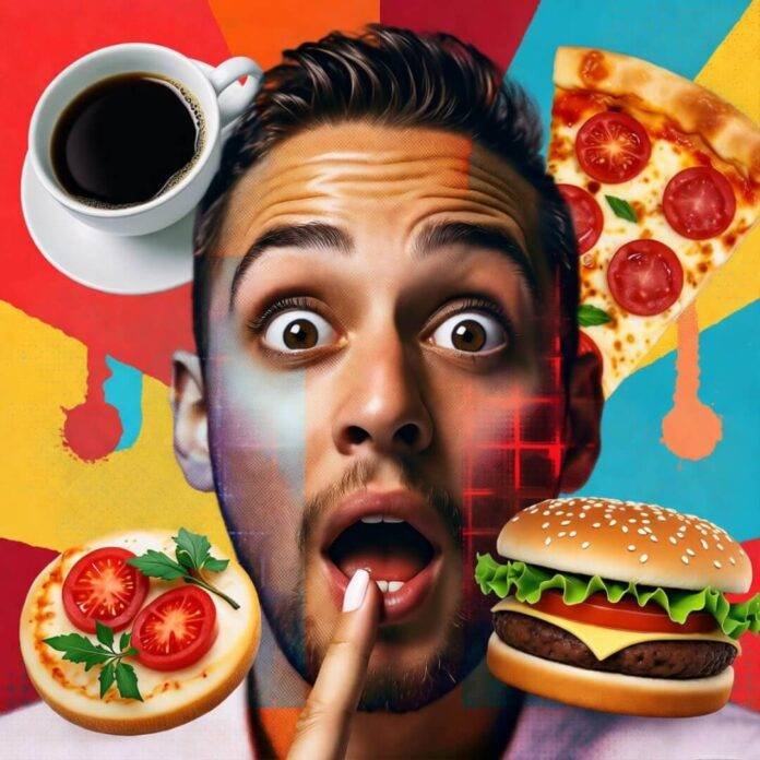 Vibrant pop-art collage: wide-eyed man amid coffee, pizza, burger explosion, upward TikTok haze.