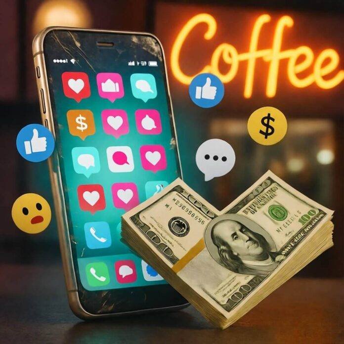 Beat-up smartphone with cracked screen, dollar bills, neon coffee sign, floating emojis in bold colors.