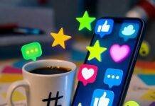 Social Media Optimization – The Ultimate Beginner’s Guide Glowing phone with jumping icons, lopsided hashtag mug, chaotic desk, floating emojis.