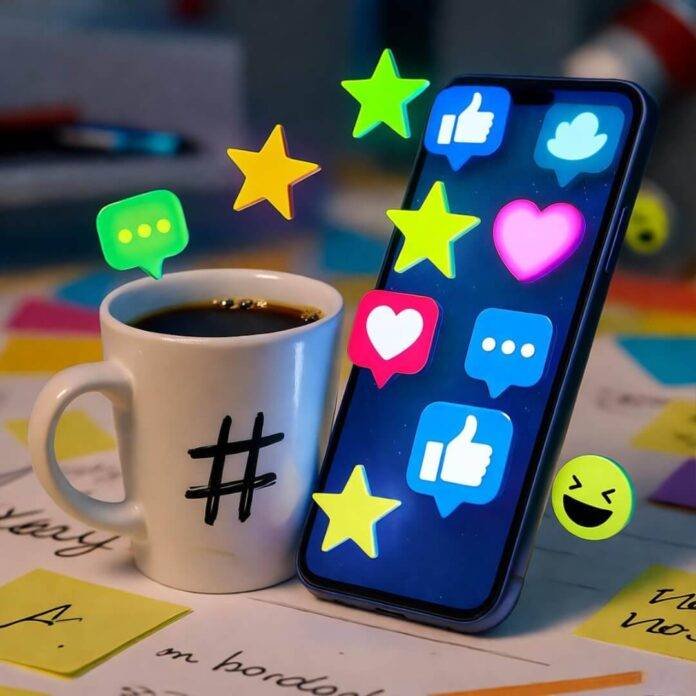Glowing phone with jumping icons, lopsided hashtag mug, chaotic desk, floating emojis.