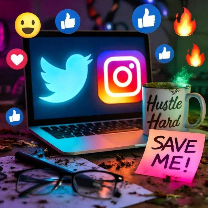 Messy desk with laptop, "Hustle Hard" mug, "SAVE ME!" note, swirling emojis in neon colors.