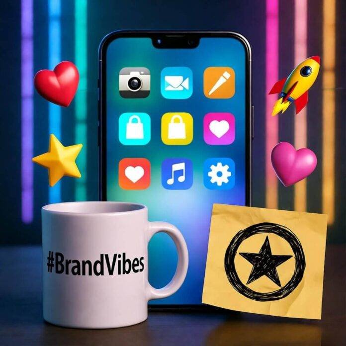 Neon-lit smartphone, #BrandVibes mug, sticky note logo, floating emojis in bold colors. Neon-lit smartphone, #BrandVibes mug, sticky note logo, floating emojis in bold colors.