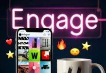 Instagram Influencer Marketing Tactics That Still Work in 2025 Bright Instagram feed on phone, hashtag mug, neon "Engage" sign, floating emojis.