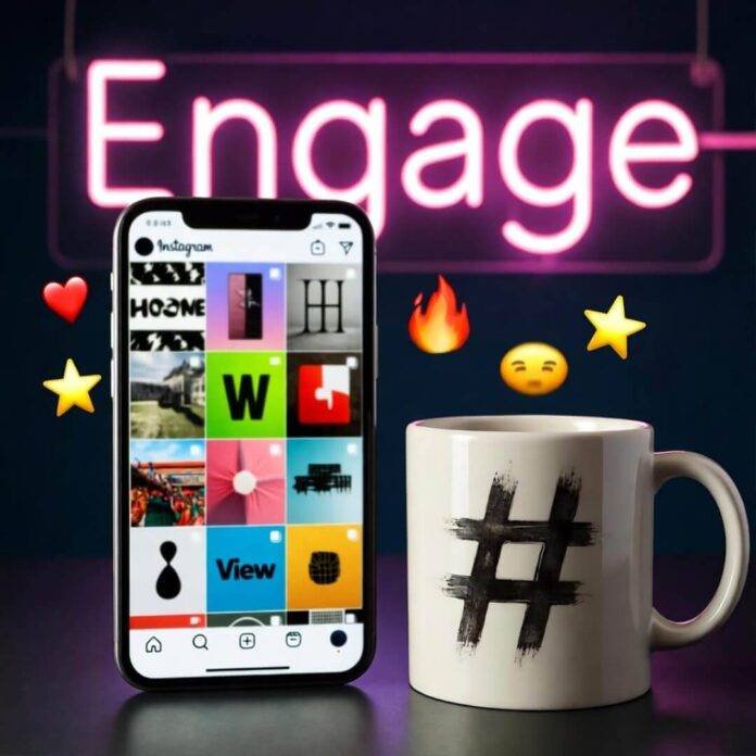 Bright Instagram feed on phone, hashtag mug, neon "Engage" sign, floating emojis.