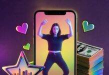 TikTok Influencer Marketing Secrets: Grow Fast, Get Paid Neon phone with dancer, cash stack, star, hearts, city skyline backdrop.