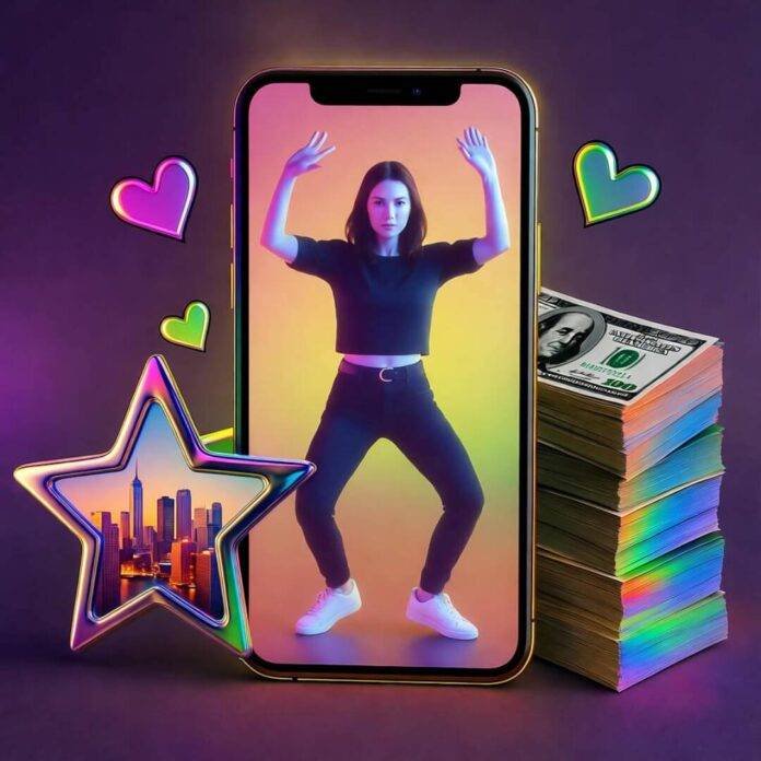Neon phone with dancer, cash stack, star, hearts, city skyline backdrop. Neon phone with dancer, cash stack, star, hearts, city skyline backdrop.