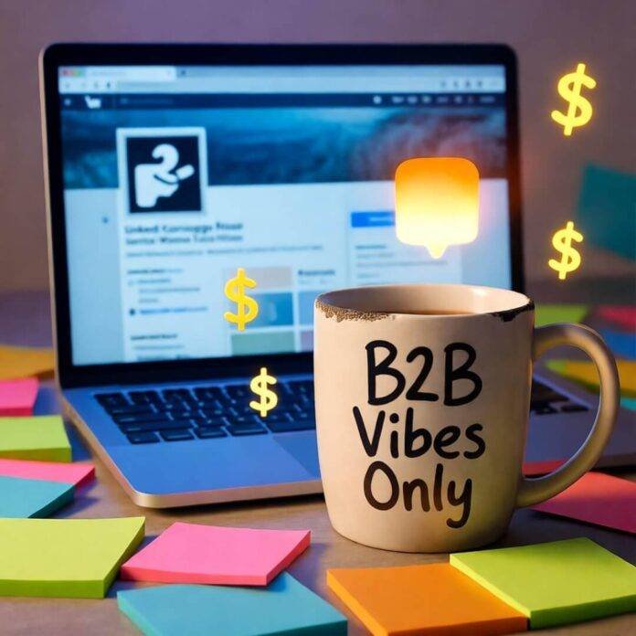 Glowing laptop with LinkedIn, chipped "B2B Vibes Only" mug, messy sticky notes, dancing dollar signs.