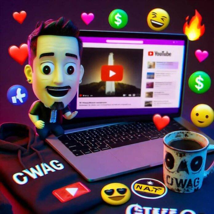 Neon-lit laptop with YouTube thumbnail, bobblehead, swag, emojis in pink, green, purple. Neon-lit laptop with YouTube thumbnail, bobblehead, swag, emojis in pink, green, purple.
