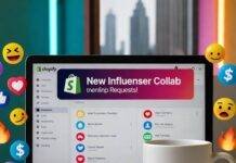 Shopify x Influencers: A Power Combo for Online Brands Glowing laptop with Shopify dashboard, "#SlayTheGame" mug, neon city skyline, emoji reactions.