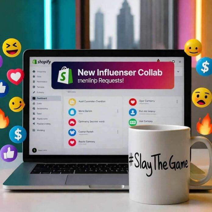 Glowing laptop with Shopify dashboard, "#SlayTheGame" mug, neon city skyline, emoji reactions. Glowing laptop with Shopify dashboard, "#SlayTheGame" mug, neon city skyline, emoji reactions.