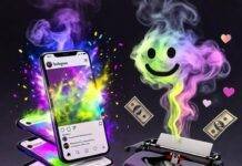 Best Instagram Influencer Agencies to Work With in 2025 Retro-futuristic scene: glowing smartphones, typewriter, emoji smoke, dollar-heart motifs.