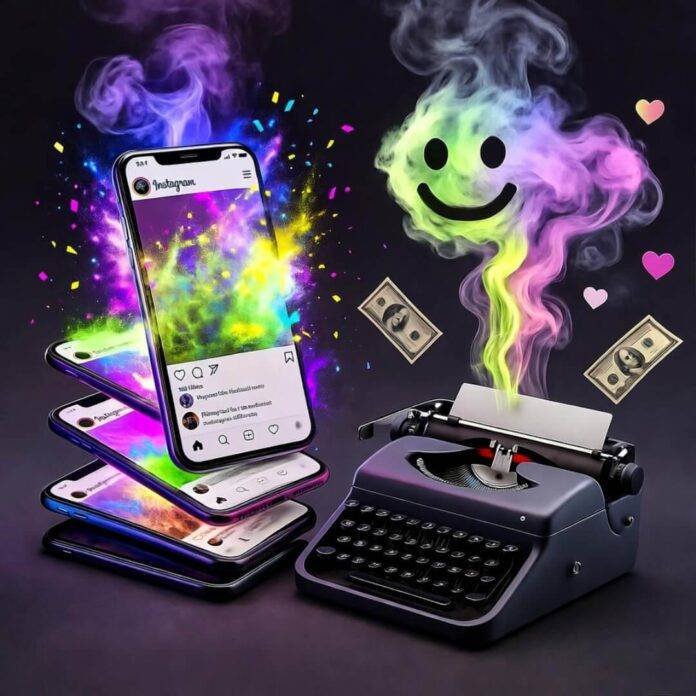 Retro-futuristic scene: glowing smartphones, typewriter, emoji smoke, dollar-heart motifs. Retro-futuristic scene: glowing smartphones, typewriter, emoji smoke, dollar-heart motifs.