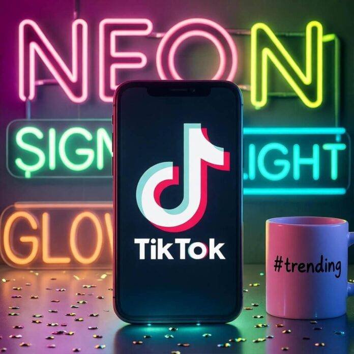 Glowing smartphone with TikTok logo, #trending mug, messy desk, neon lights, glitter confetti. Glowing smartphone with TikTok logo, #trending mug, messy desk, neon lights, glitter confetti.