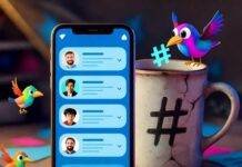 Top Twitter Marketing Hacks for Personal Brands Glowing smartphone with Twitter notifications, chipped hashtag mug, neon sticky notes, quirky birds.