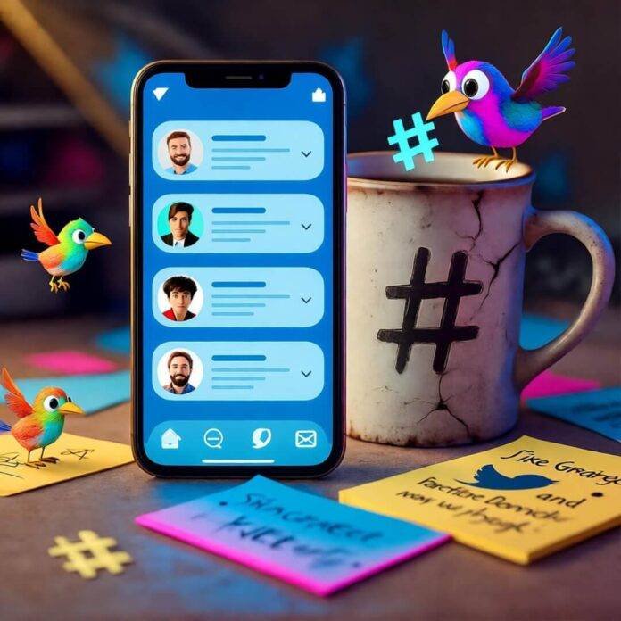 Glowing smartphone with Twitter notifications, chipped hashtag mug, neon sticky notes, quirky birds. Glowing smartphone with Twitter notifications, chipped hashtag mug, neon sticky notes, quirky birds.
