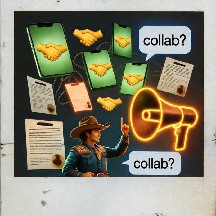 Cowboy tips hat at glowing phones, handshake emojis, and "collab?" bubbles. Cowboy tips hat at glowing phones, handshake emojis, and "collab?" bubbles.