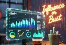 The Rise of B2B Influencer Agencies in 2025 Messy Seattle coworking space with glitchy LinkedIn screen, neon sign, and quirky skyscraper mugs.