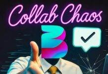 Best Influencer Marketing Platforms for Brand Growth Quirky influencer handshake, morphing logo, cracked laptop with avatars, neon "Collab Chaos" sign.