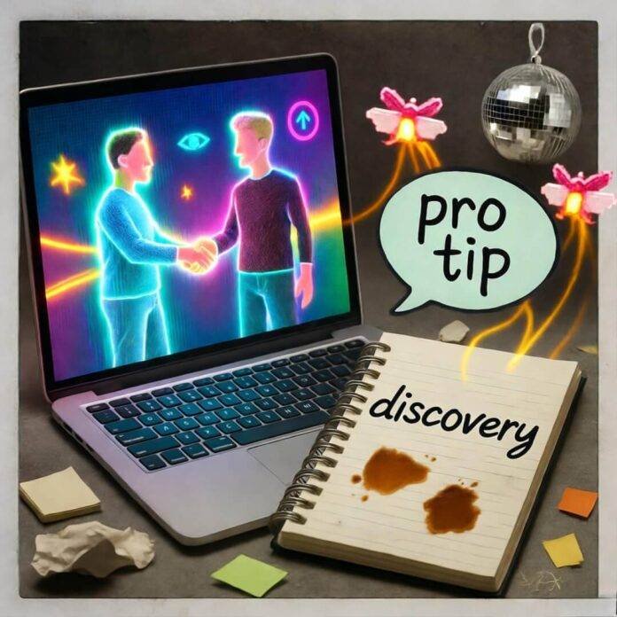 Holographic handshake, coffee-stained notes, disco ball, fireflies, neon "pro tip" on retro Polaroid.