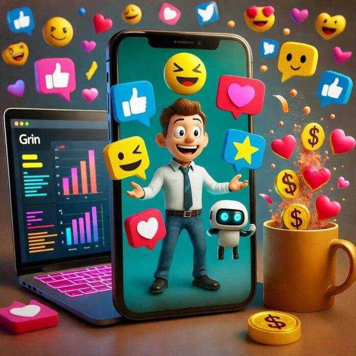 Cartoon influencer juggles icons on smartphone, spills hearts and cash with robots.