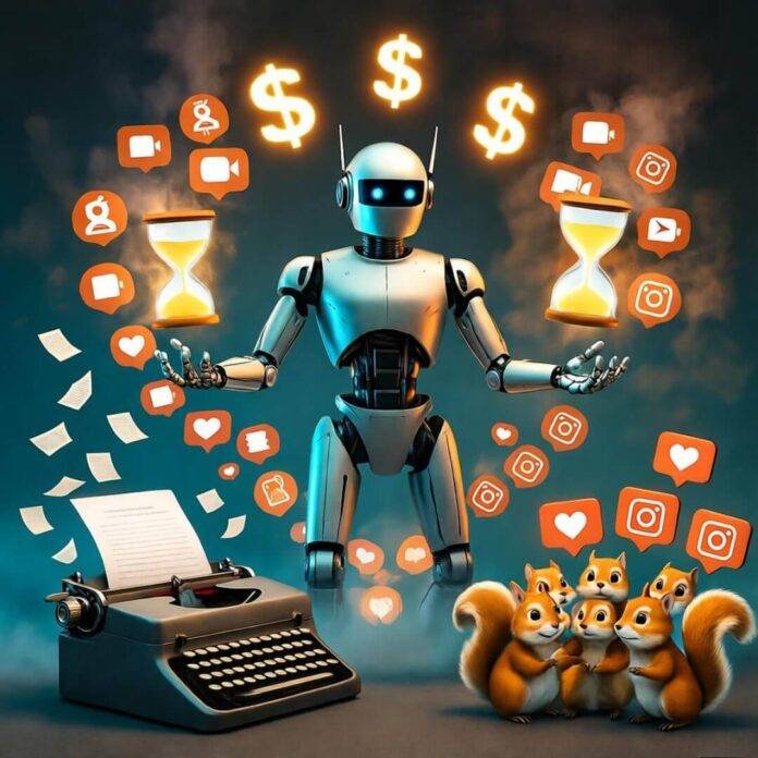 Robot juggles dollars and hourglasses, squirrels hoard likes, typewriter spews confetti.