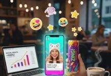 Micro Influencers: Why They’re the Future of Brand Collaboration "Influencer's glowing phone, social media stats, energy drink, and emojis in a cafe."