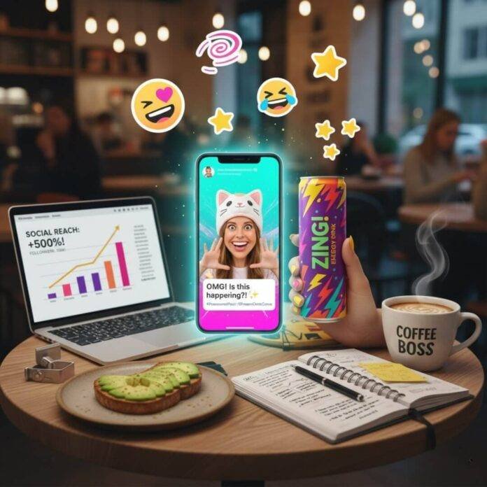 "Influencer's glowing phone, social media stats, energy drink, and emojis in a cafe." "Influencer's glowing phone, social media stats, energy drink, and emojis in a cafe."