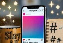 How to Become a Brand Influencer and Land Paid Partnerships? Blurry phone with half-finished Instagram post, chipped "Slay All Day" mug, notebook with hashtags and coffee ring, glitter sparkles.