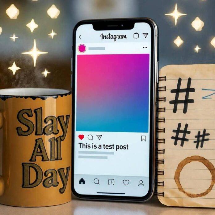 Blurry phone with half-finished Instagram post, chipped "Slay All Day" mug, notebook with hashtags and coffee ring, glitter sparkles.