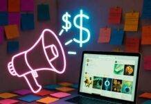 Influencer Marketing for Small Business: Budget-Friendly Tips Neon-lit laptop with social feed, megaphone, sticky notes, and dancing influencers.