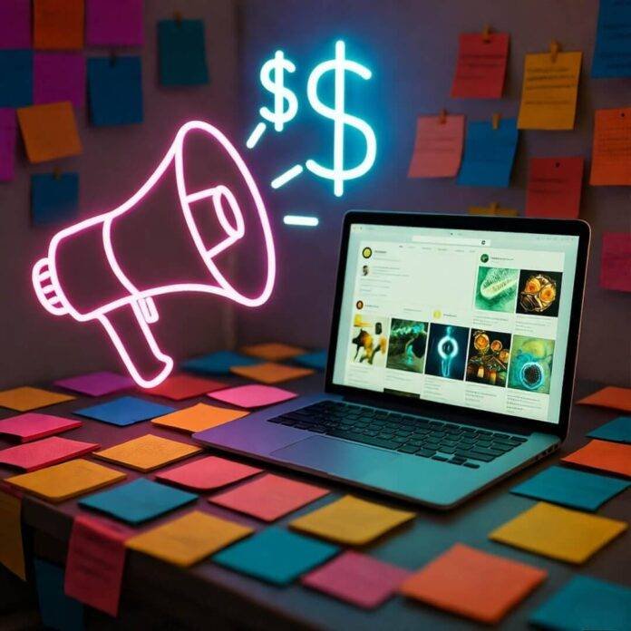Neon-lit laptop with social feed, megaphone, sticky notes, and dancing influencers.