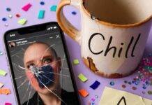 How to Promote Products as an Influencer Without Being Pushy? Beat-up phone with Instagram story, chipped "Chill" mug, sticky note star, glitter, vibrant colors.